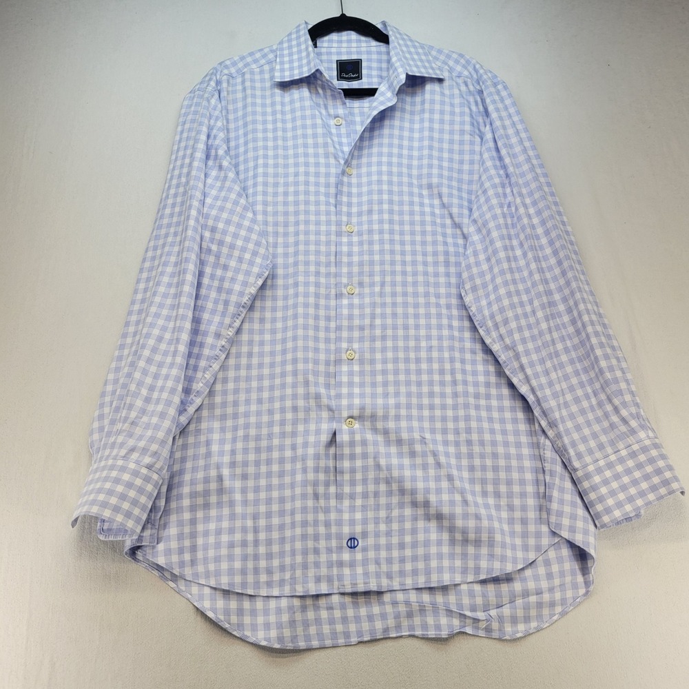 David Donahue Button Down Mens 17 34/35 Blue Gingham Check Cotton Long Sleeve